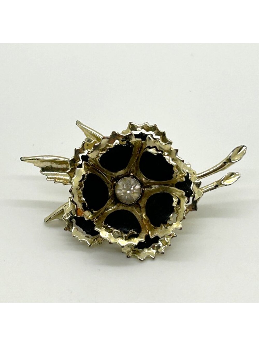 Vintage Silver Tone Flower Brooch With Black Enamel & Clear Rhinestone Accent Mi